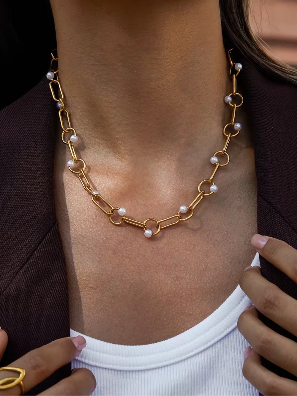 18K Gold Plated Faux Pearl Link Necklace